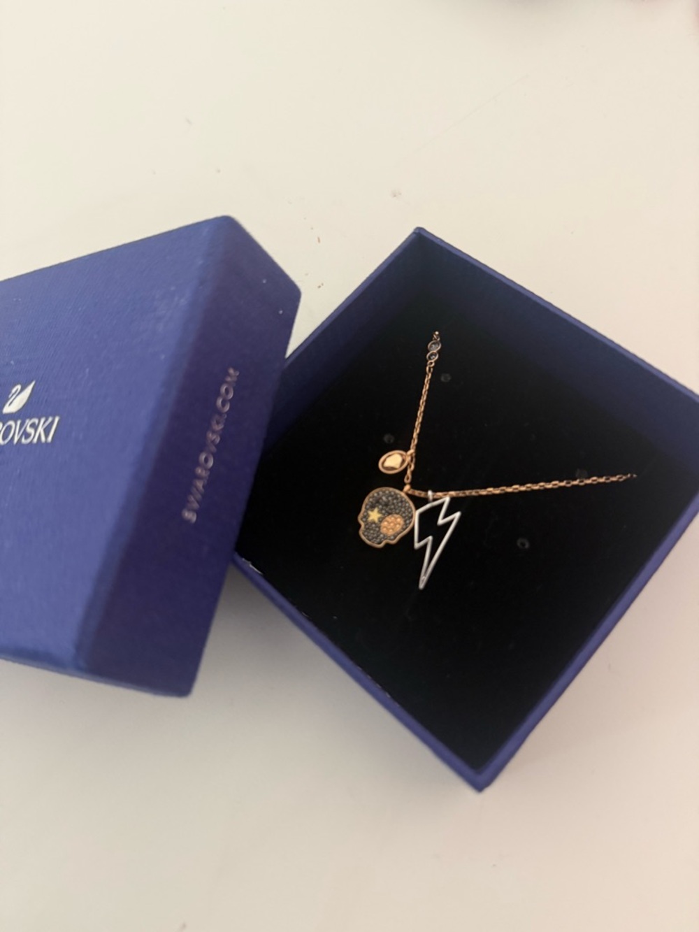 Swarovski Rose Gold Skull & Black Lightning Pendant Necklace